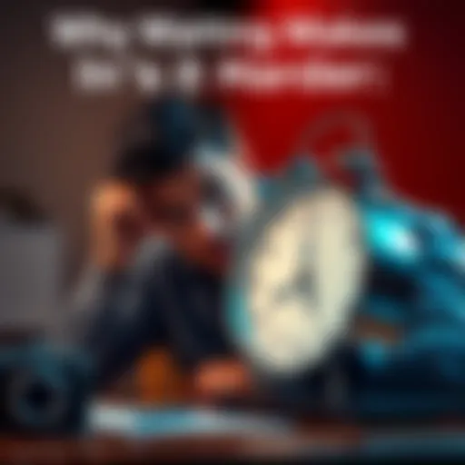 Individual sitting at a desk, staring at a clock with a concerned look, symbolizing the stress of procrastination