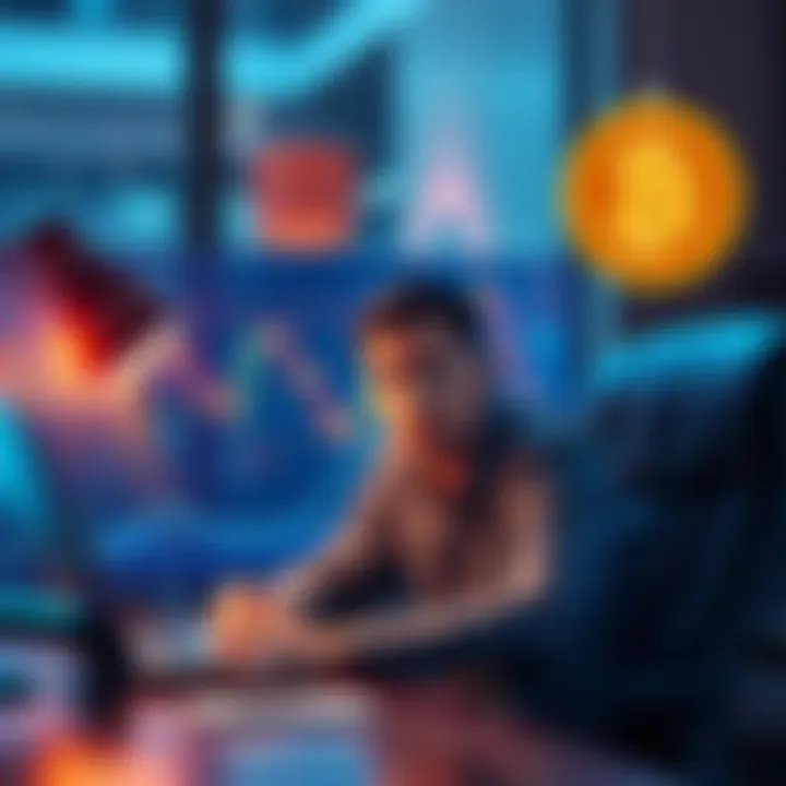 A person sits at a desk, looking at a chart of Bitcoin prices with a concerned expression, reflecting on their past selling decisions.