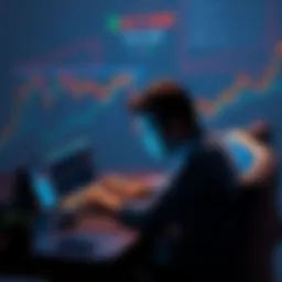 A person sitting at a desk with a laptop, looking thoughtful and stressed while reviewing cryptocurrency investments, surrounded by charts and graphs showing fluctuations.