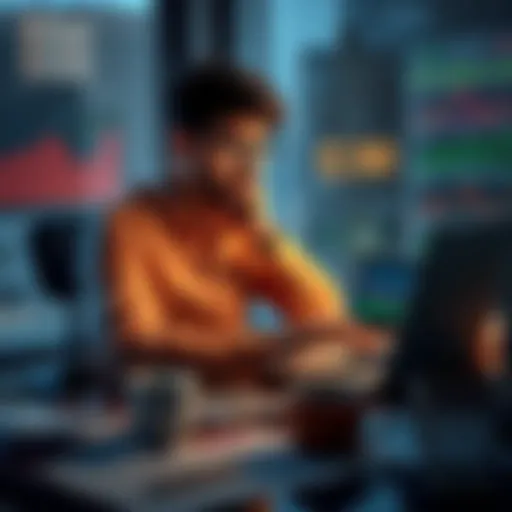A person sits at a desk, looking worried while checking stock charts on a laptop, surrounded by financial papers and a coffee cup, showing signs of stress and contemplation.