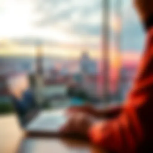 Self-employed individual in Hungary managing payments through a Revolut Pro account on their laptop with a visible cityscape in the background