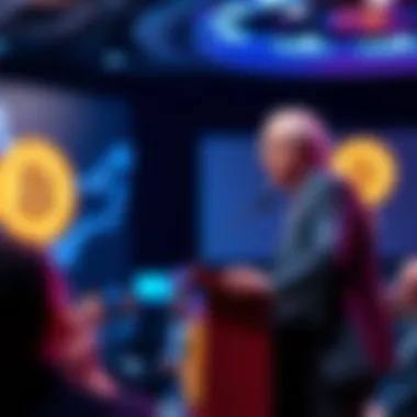 Peter Schiff stands at a podium addressing an audience at the Bitcoin Conference in Las Vegas.