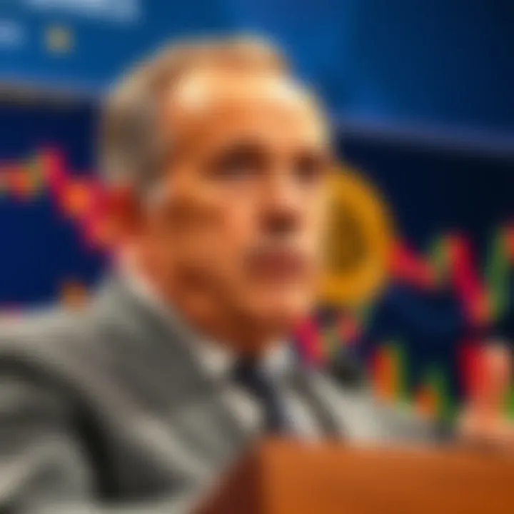 Peter Schiff at a podium discussing Bitcoin's shortcomings as a dollar alternative, with financial charts in the background.