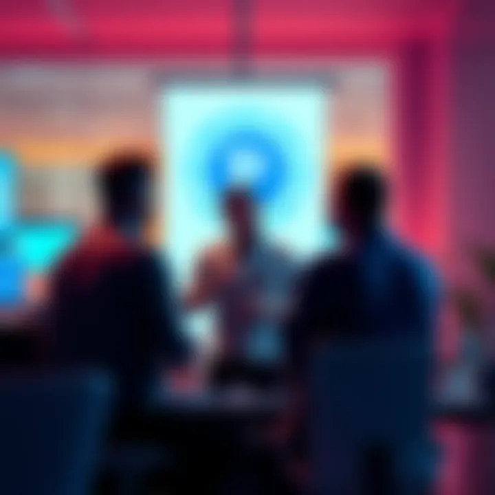 A group of people discussing the Pi Network and its data practices in a modern office setting, highlighting concerns and defenses over data security