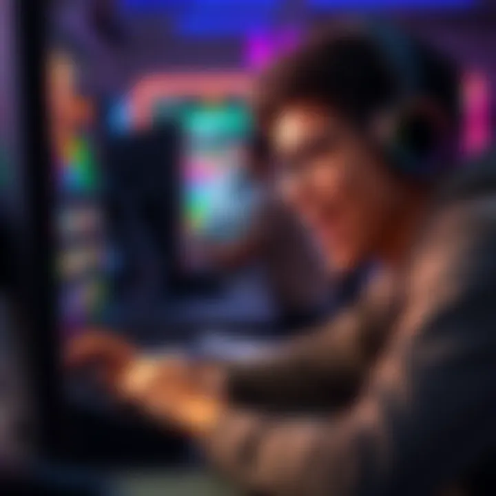 A gamer focused on playing a colorful NFT game on their computer with excitement on their face