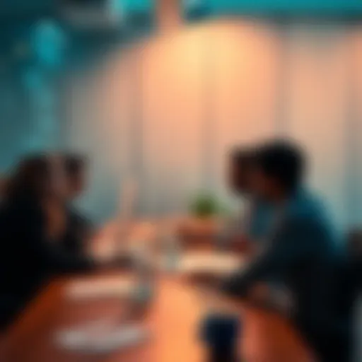 A group of creative individuals discussing and reviewing portfolios at a table, sharing ideas and insights.