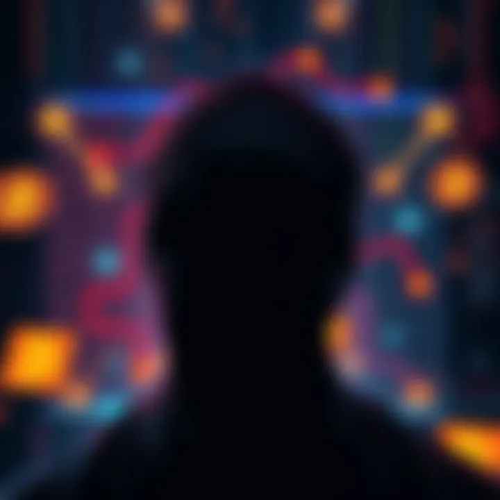 A shadowy figure representing the unknown identity of Satoshi Nakamoto, with digital elements and Bitcoin symbols in the background