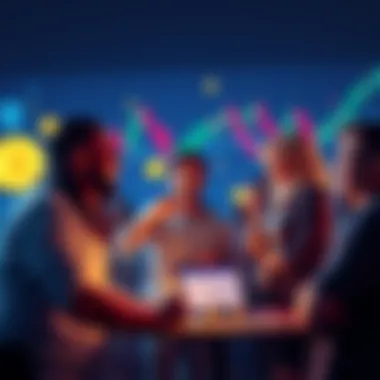 A group of excited people discussing cryptocurrency trends with charts and coins around them