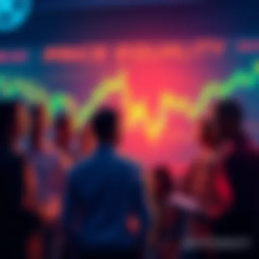 Group of people debating the price of an asset in relation to XRP with charts in the background