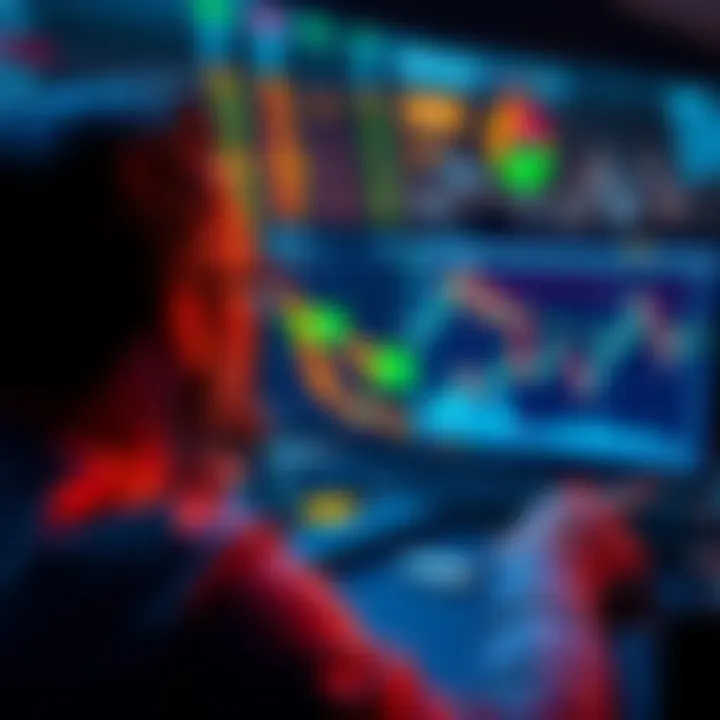 A person analyzing cryptocurrency trends on a computer screen, with charts and graphs displayed