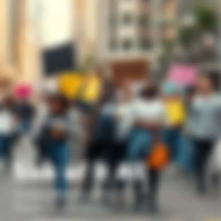 A group of diverse individuals holding signs and expressing their frustrations in a city setting