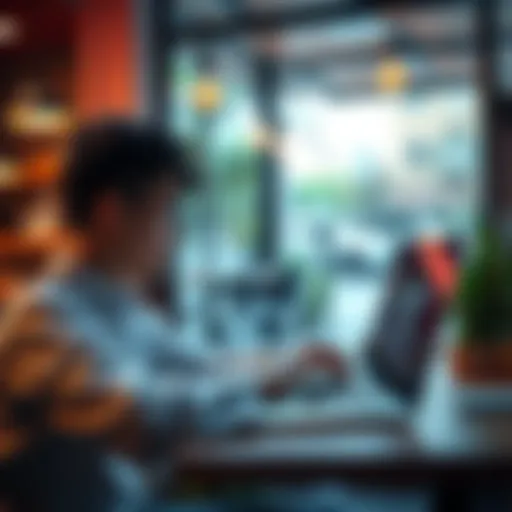 A person using a laptop at a cafe with visible WiFi connection, showing concern for online safety while making transactions on a wallet app.