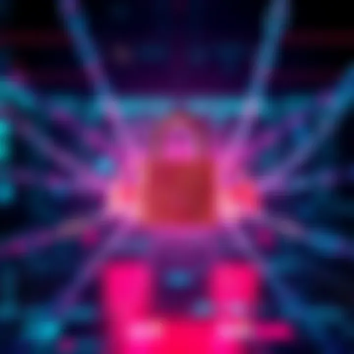 A visual representation of a quantum computer threatening blockchain security, showing digital locks and chains being challenged by quantum elements.