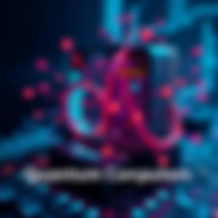 An illustration of a quantum computer with colorful circuits and particles representing quantum bits, set against a dark background symbolizing advanced technology.