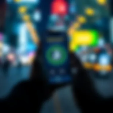 A person holding a smartphone showing a cryptocurrency wallet app with a digital currency symbol on the screen