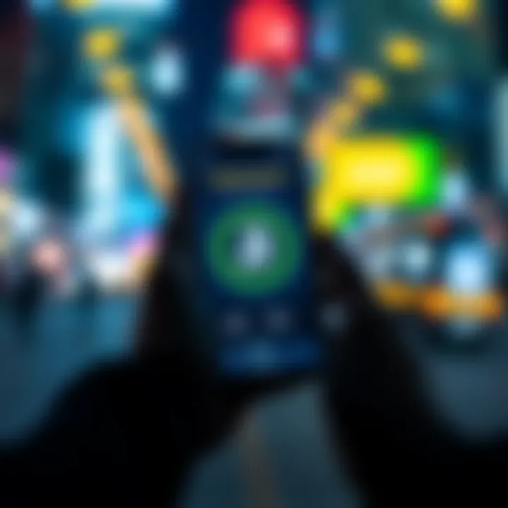 A person holding a smartphone showing a cryptocurrency wallet app with a digital currency symbol on the screen