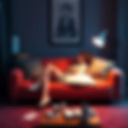 A person sits comfortably on a sofa, daydreaming about an imaginary girlfriend, surrounded by creative sketches and notes.
