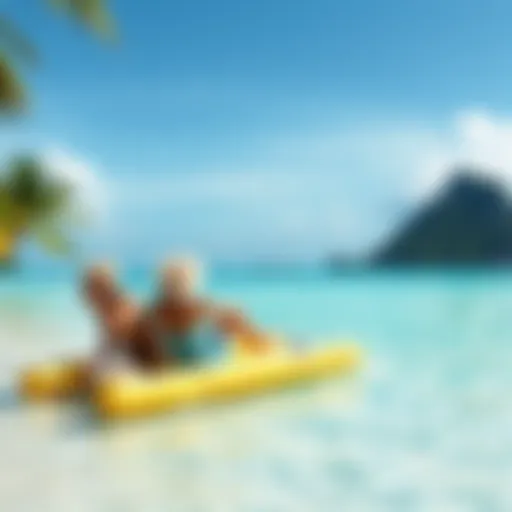 A couple relaxing on a beach in the Philippines, enjoying their retirement life with crystal clear waters and palm trees in the background.
