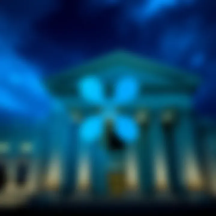 Ripple logo with a background of a bank building, symbolizing its application for a national banking license.