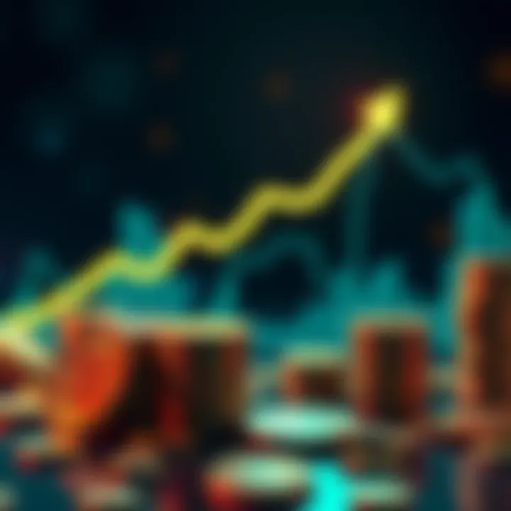 A graphic showing the increase in cryptocurrency values with coins and upward arrows, symbolizing market growth during government instability.