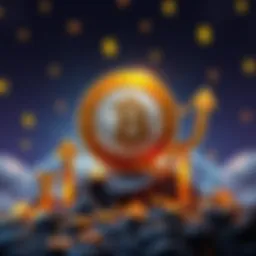 A graphic representation showing a coin with a moon design surrounded by dollar signs and upward arrows to symbolize growth in value.
