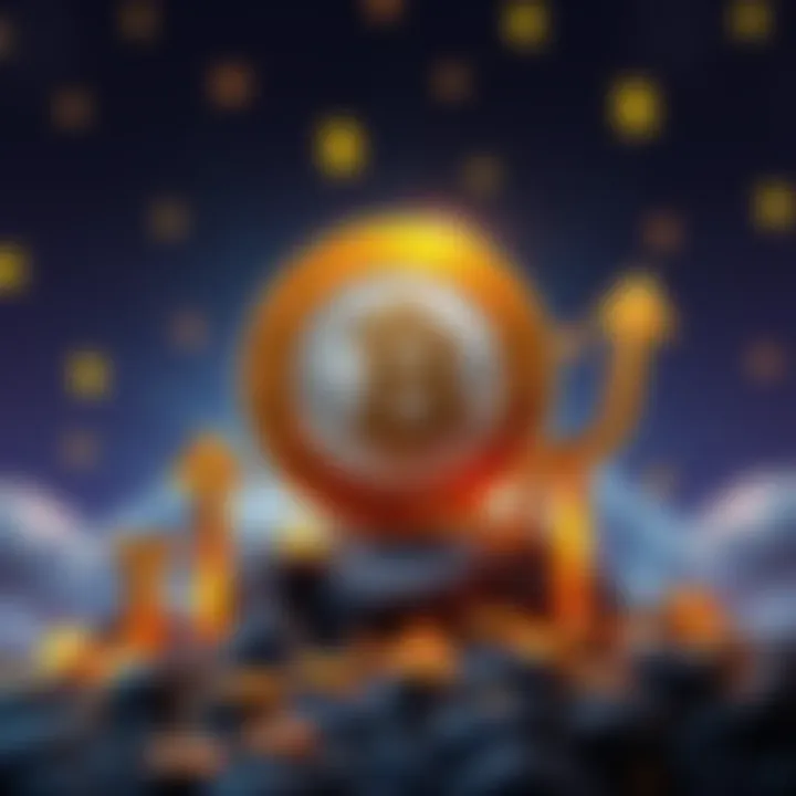 A graphic representation showing a coin with a moon design surrounded by dollar signs and upward arrows to symbolize growth in value.