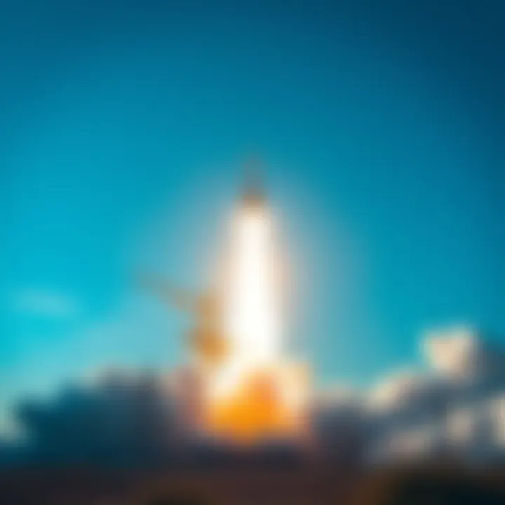 A powerful rocket lifting off from a launch pad into a clear blue sky, leaving a trail of smoke behind.
