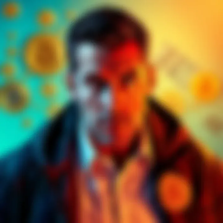 Roger Ver under house arrest in Spain, with Bitcoin symbols and money visuals in the background.