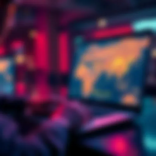 A person setting up a Bitcoin node on a laptop in a restricted country, showcasing a digital map with VPN connections illustrated.