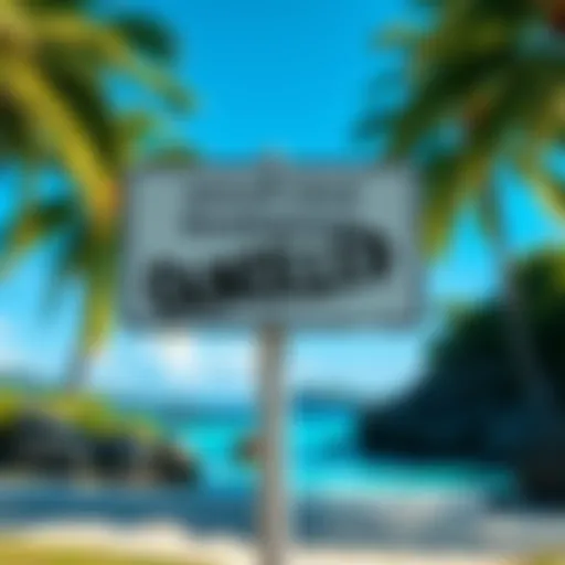 A sign indicating Satoshi Island development is cancelled with palm trees and ocean in the background