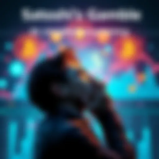 A visual representation of a person contemplating a cryptocurrency investment, surrounded by digital currency symbols and charts showing market trends.