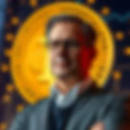 Michael Saylor stands confidently with a Bitcoin symbol in the background, representing his company's substantial Bitcoin holdings.