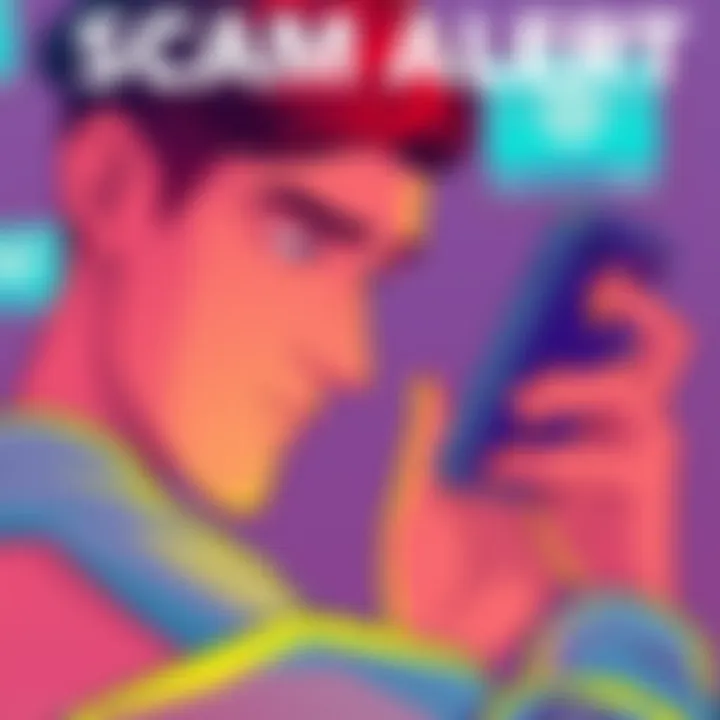 Illustration showing a person looking at a phone with warning signs about scams