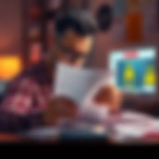 A person reading a suspicious letter with a worried expression, surrounded by crumpled papers and a computer showing warning signs about scams.