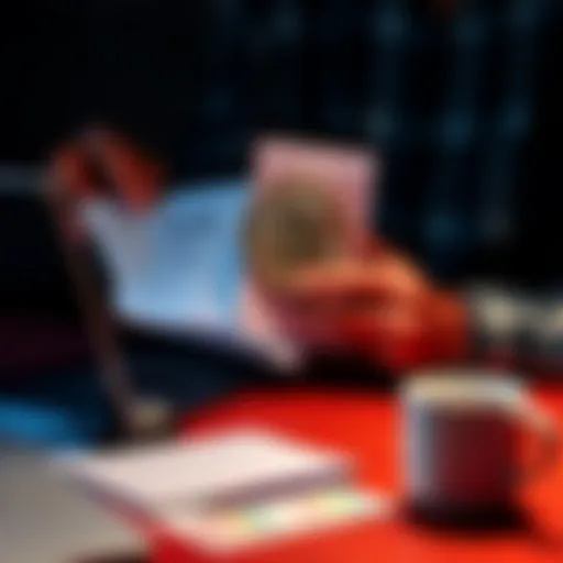 A person looking through old bank statements and emails to find lost Bitcoin, with a laptop and coffee cup on the table.