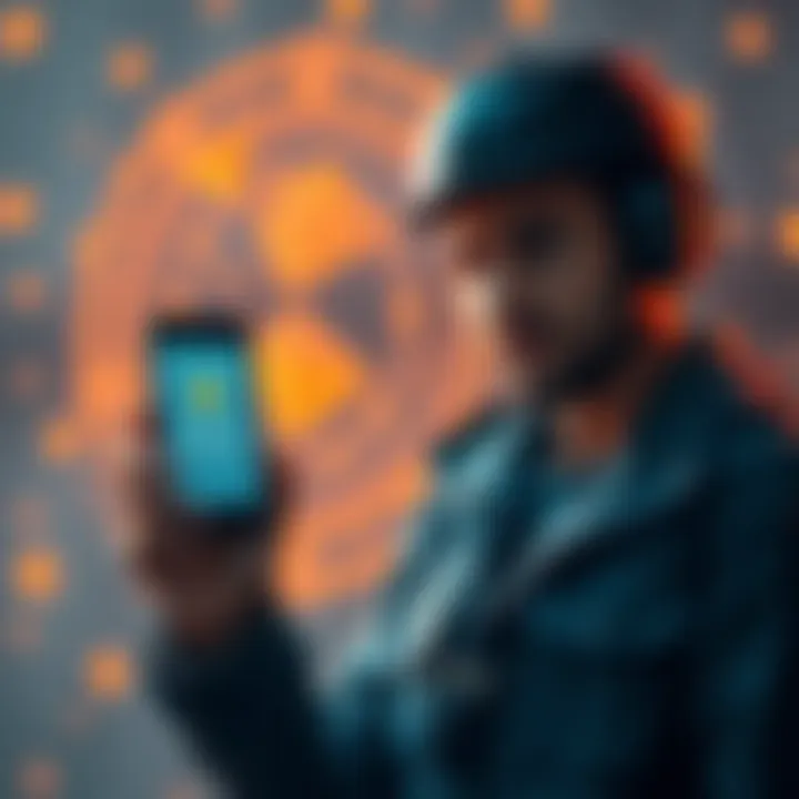 A miner holding a phone showing a message about joining a security circle, surrounded by cryptocurrency symbols.