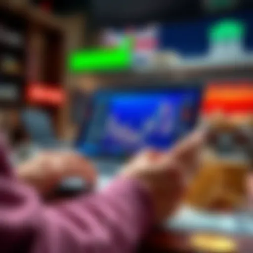 A person using a laptop and phone to sell cryptocurrency, with banknotes and a bank logo in the background