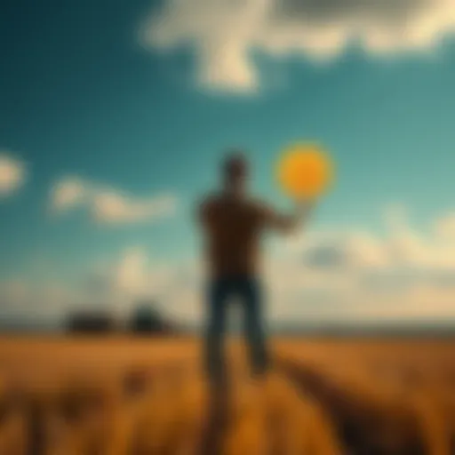 A person standing in a field with a sold Bitcoin sign in hand while dreaming of their new farm