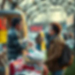 A person negotiating over items at a yard sale, discussing prices with a potential buyer, showcasing effective selling strategies.