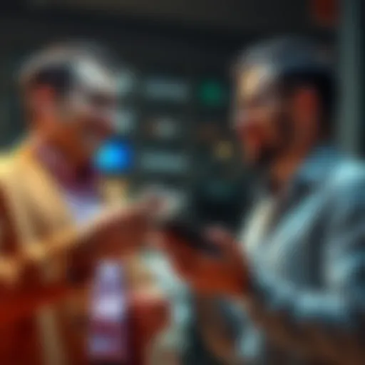 Two people discussing sharing a financial account with smartphones in their hands
