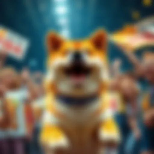 A cheerful Shiba Inu dog surrounded by enthusiastic fans holding banners and celebrating