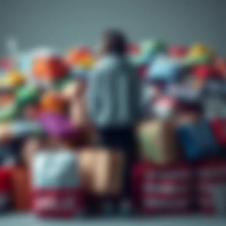 A person stands surrounded by overflowing shopping bags, looking overwhelmed by the amount of stuff, reflecting on consumerism and satisfaction.