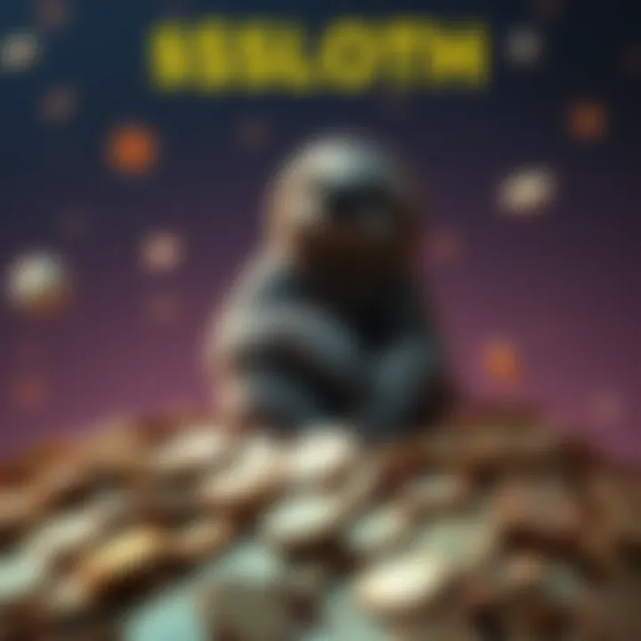 A sloth sitting on a pile of coins, representing $SLOTH Memecoin and its presale success.