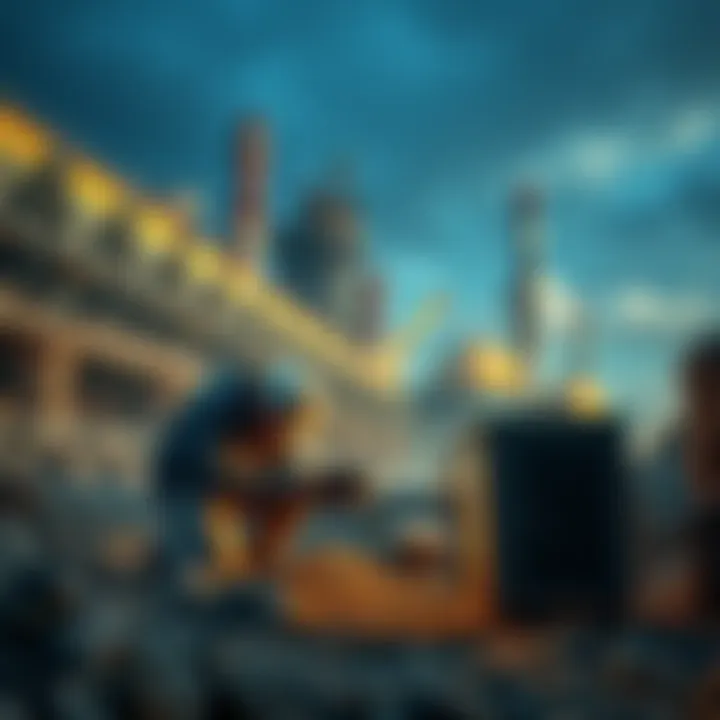 A small miner working on his setup while a large industrial mining facility looms in the background, highlighting the struggle between decentralized and centralized mining efforts.