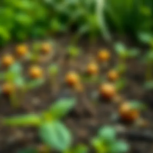 A close-up of a garden with empty spots where snails used to be, showing plants and soil