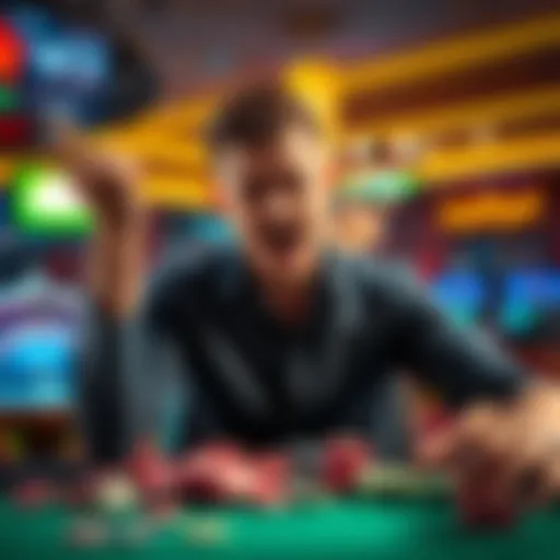 A frustrated player holding their head in disappointment after losing money at a casino, with chips scattered around.