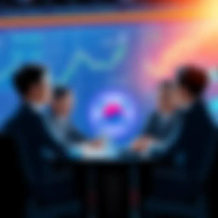 South Korean officials discussing new cryptocurrency regulations with charts and graphs in the background