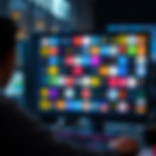 A person looking at a computer screen filled with various project logos on Solana, displaying a mix of serious and meme-inspired initiatives