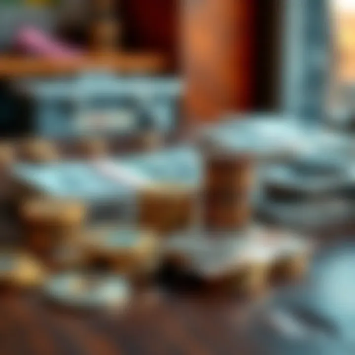 A collection of stable coins and traditional cash stacked on a wooden table, showing the contrast between digital currency and physical money.