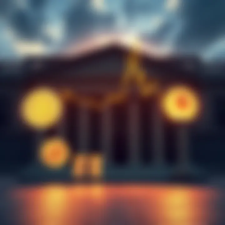A visual representation of stablecoins competing with traditional banks, showing digital currency symbols and a bank building in the background.